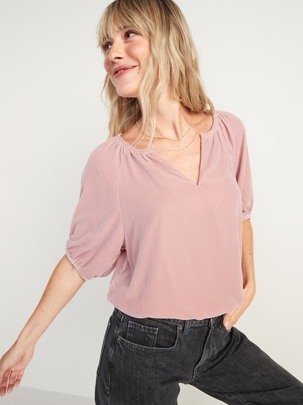 Plush Velvet Split V-Neck Blouse in Dusty Pink